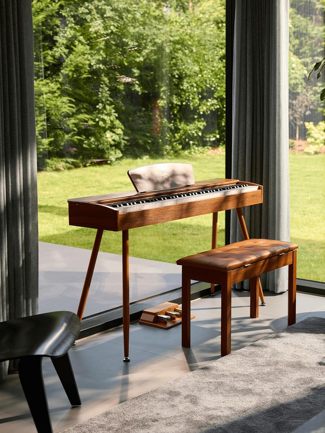 Sonora SDP-1 Piano électrique 88 touches lestées avec support, triple pédale, pupitre, USB MIDI et prise casque, marron