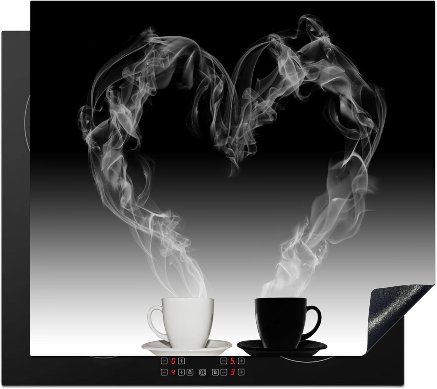 © Protège Plaque Induction 60x52 cm Deco Cuisine Protection Pour Plan De Travail Cuisson Protégé Café - Coeur - Noir et blanc - Tasses - 60x52 cm Café - Coeur 60L x 52l cm