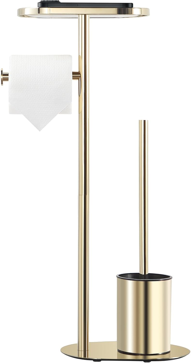 Ensemble de brosses de toilette autoportantes 3 en 1 avec porte-papier toilette, en acier inoxydable doré brillant, accessoires de salle de bain avec étagère