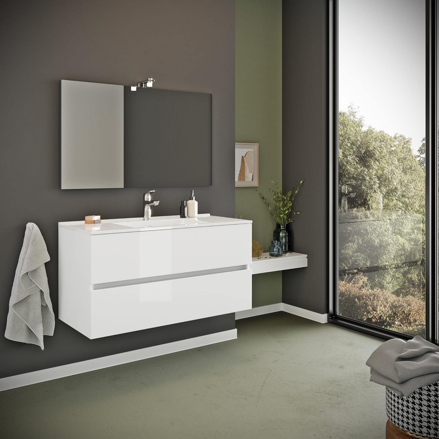 Kiamami Valentina Meuble de Salle de Bain avec tiroirs 100cm lavabo et Miroir Blanc Brillant - Benaco