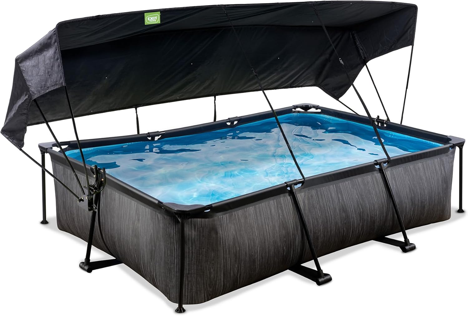 Piscine Black Wood avec Voile d'Ombrage - 300x200x65cm - Piscine Hors Sol Rectangulaire avec Pompe Filtrante à Cartouche - Protection Optimale Contre Les Rayons UV - Entrée Basse - Noir