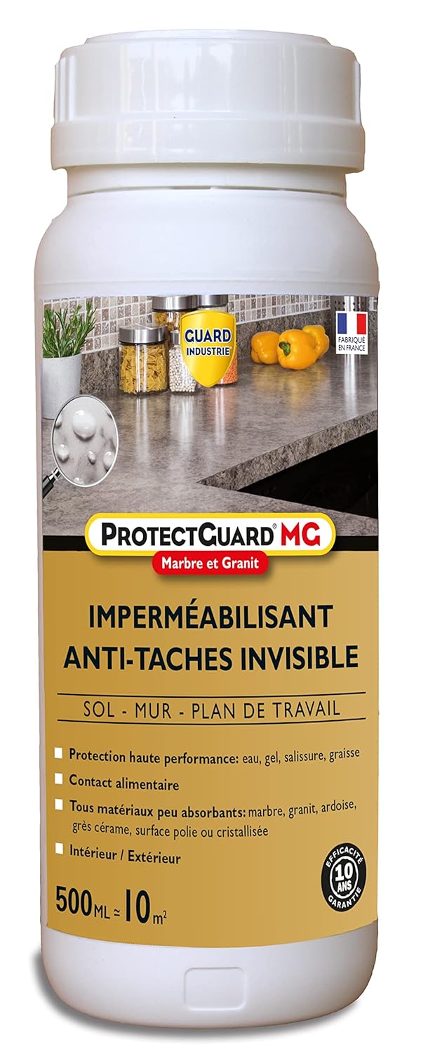 ProtectGuard MG Marbre, Granite Même Poli et Pierre Peu Poreuse - Imperméabilisant Hydrofuge, Oléofuge, Anti Taches - Fabrication Française - 500ml - Traite 10m2