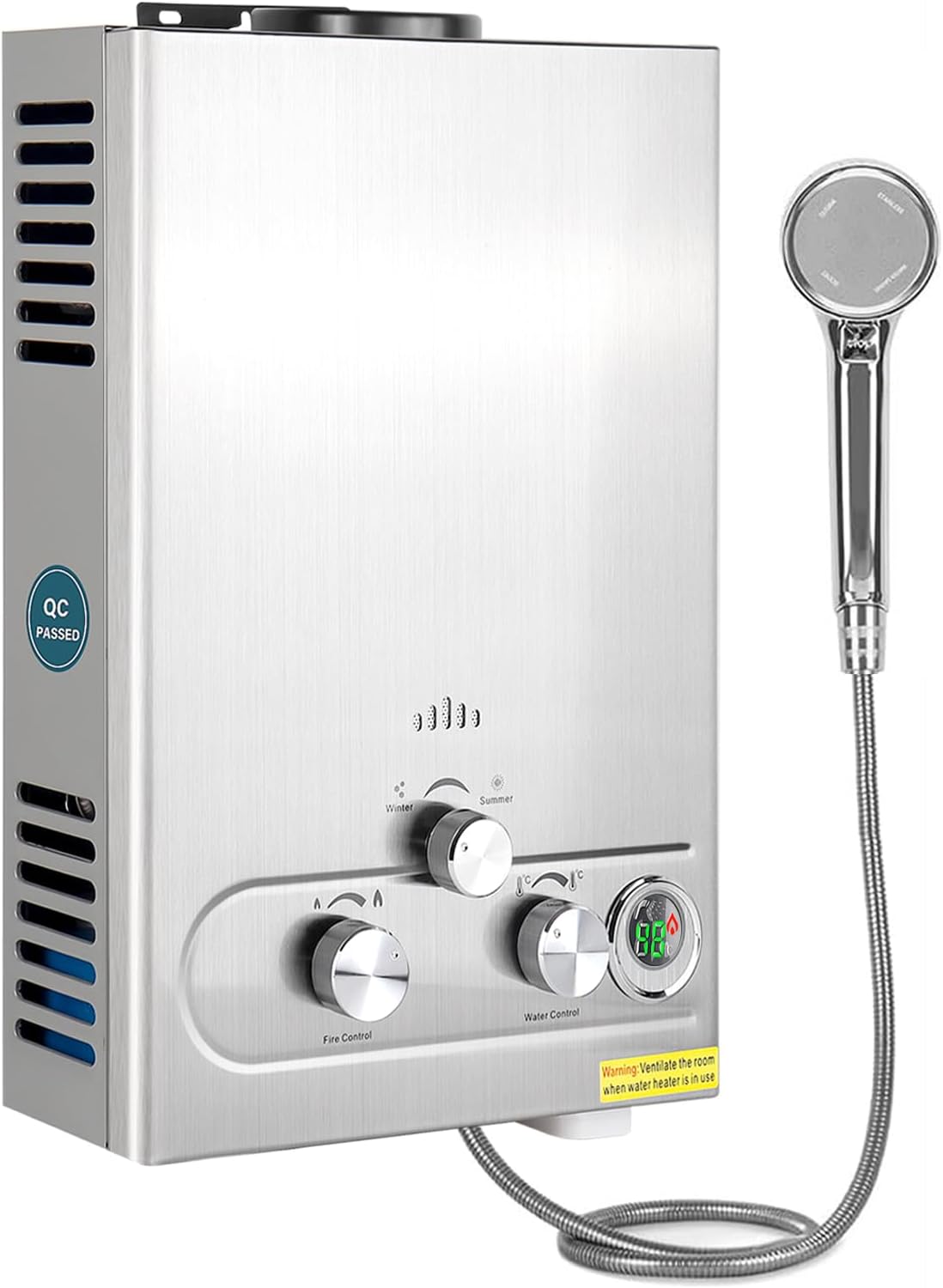 Chauffe eau sans réservoir Propane,1.6GPM 7L chauffe-eau instantané Portable pour une utilisation en extérieur dans les vr, camping-cars, remorques, cabines, Point d’utilisation de granges, argent