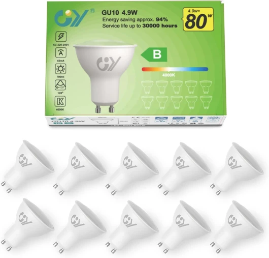 Ampoules LED GU10 4.9W Equivalent 80W, 790LM 4000K Blanc Neutre, Angle de Lumière 120°, Ampoule GU10 Led Efficacité Energétique, Non-Dimmable, Lot de 10