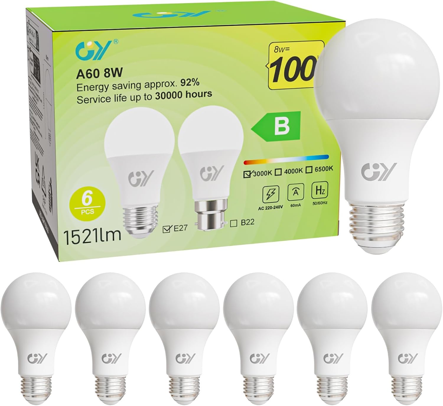 Ampoule LED E27 Classe B, 8 W (équivalent 100W),1521 lumens 3000K Blanc Chaud,A60 Ampoules E27 LED Efficacité Energétiqu,Non-Dimmable, 6 Unité (Lot de 1)