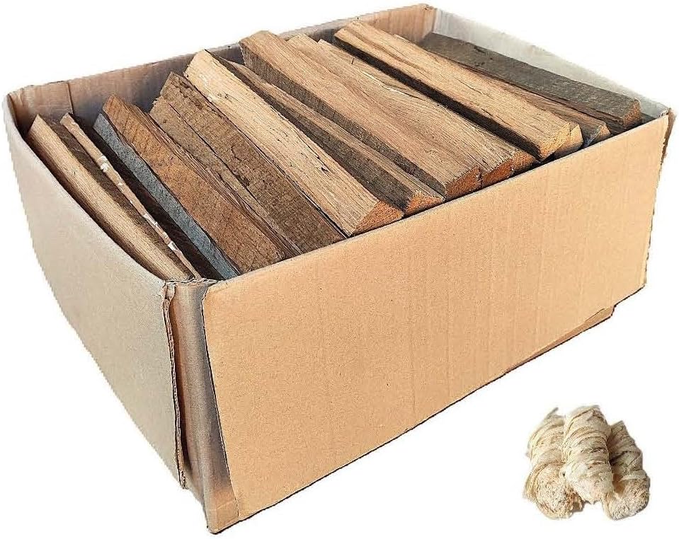Bois d'Allumage en Chêne Sec, 8 kg, Bûchettes de 25 cm, pour Cheminée, Four à Pizza et Barbecue, avec 3 Allume-Feux Naturels