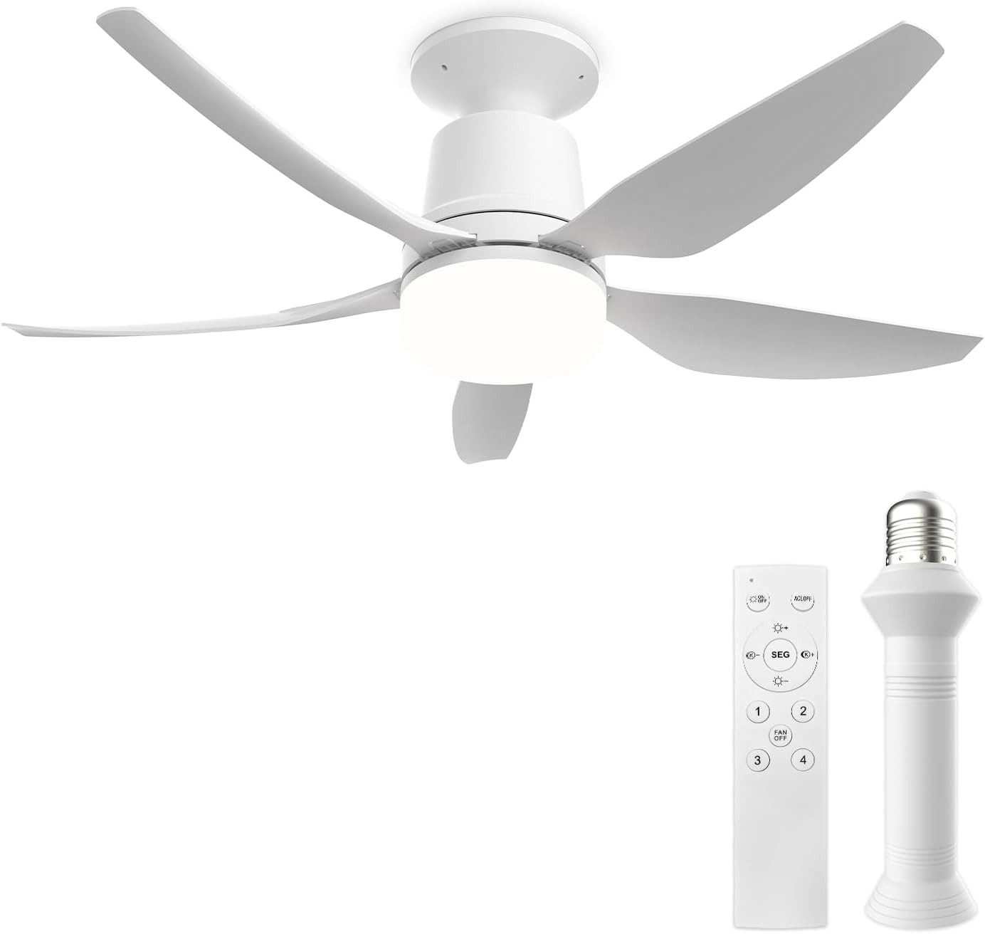 71cm Silencieux Ventilateur Plafond avec Lumiere et Douille E27, 50W Dimmable Lampe Ventilateur Plafond avec Telecommande pour Petite Chambre Salon Cuisine, 4 Vitesses, 5 Pales