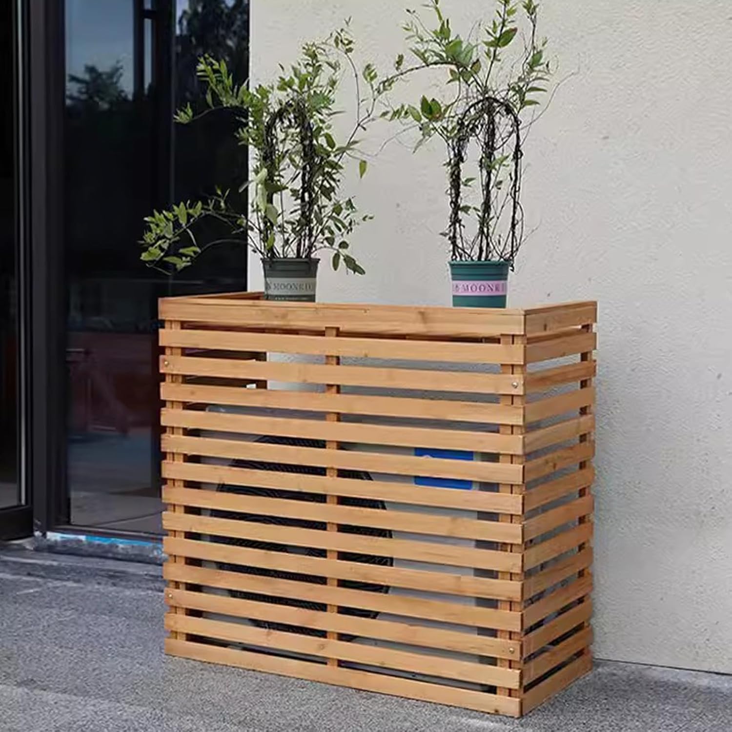 Caisson Anti Bruit Pompe à Chaleur, Cache climatiseur Exterieur Bois, Grille de persiennes Couverture Anti-poussiè, Applicable au Rack extérieur du climatiseur extérieur,Original Wood,120cm