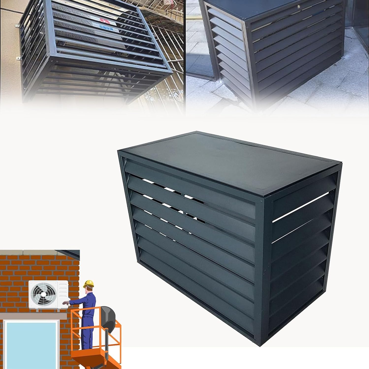 Pxkmouy 43x23x31in caisson anti bruit pompe à chaleur, couvercle de climatisation en alliage d'aluminium cache pompe a chaleur Rack De Climatisation 4 Panneaux Décoratif Barrière D'intimité Convient