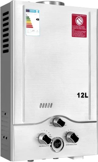Chauffe-eau à Gaz 12LPM, Chauffe-eau Instantané Butane Propane avec une Pression d'Eau Requise Super Faible de 0,2 Bar pour Maison, Cabine, Caravane, Grange, Fonctionnant au GPL