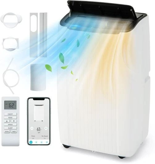 Climatiseur Mobile Silencieux 6 en 1, Climatiseur Portable, Refroidisseur, Ventilateur, Déshumidificateur, Chauffage, Auto, Mode Nuit, Clim Mobile, Faible Conso, Évacuation, Wifi, 42m²