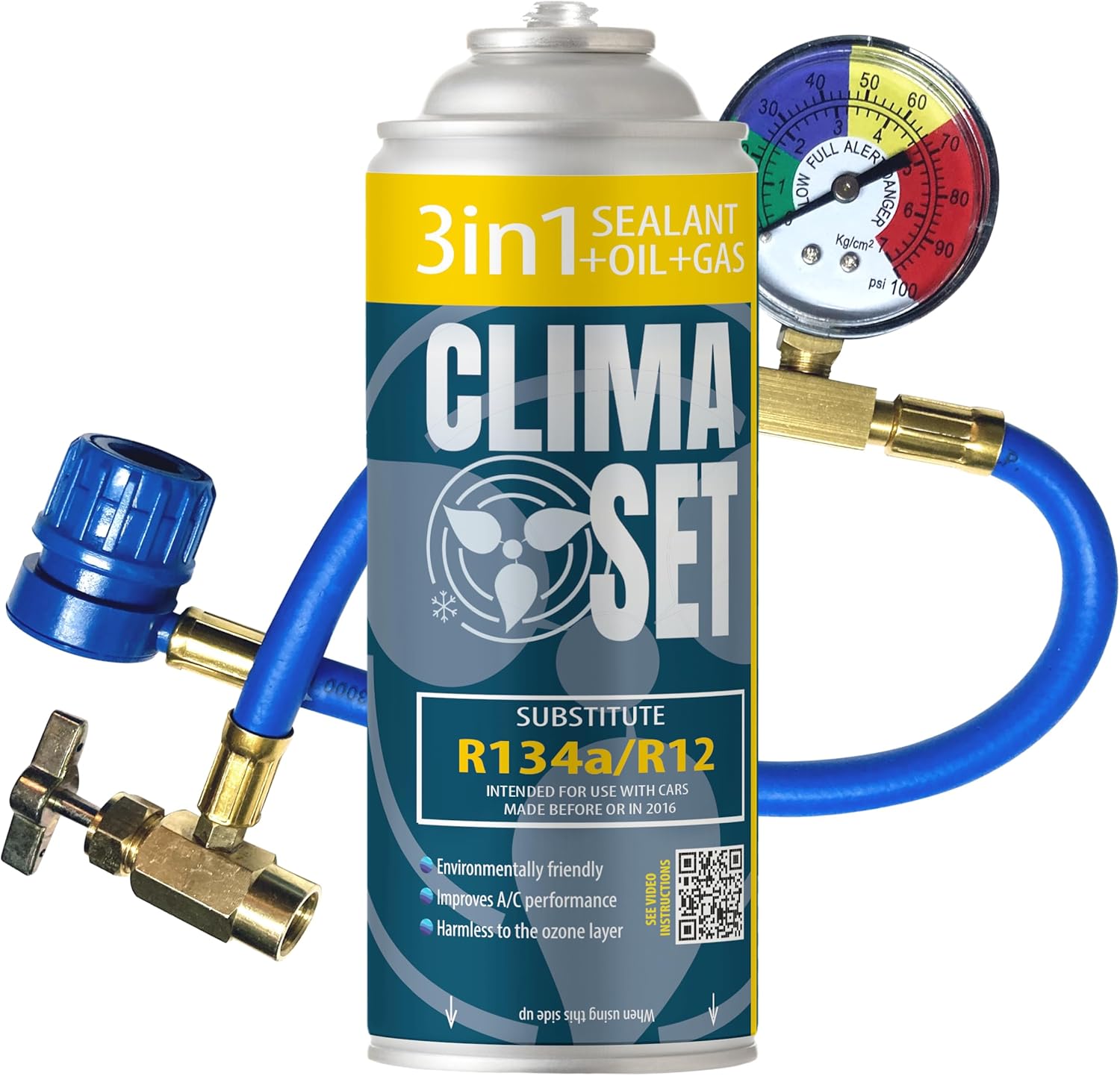 3 en 1 R134 Réfrigérant de Climatisation avec Produit d'Etanchéité et Huile - pour Climatisation Auto - Kit avec Tuyau et Manomètre - Réfrigérant pour Climatiseur Auto 1 boîte 3en1 170 g + tuyau