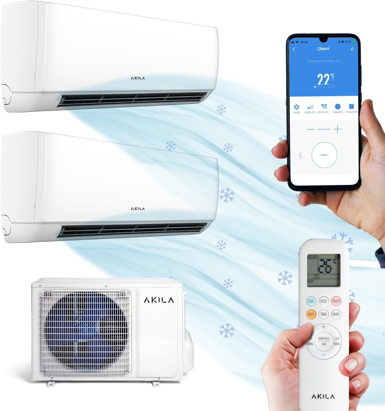 OBAMI - Climatiseur réversible fixe - Bi-split - 6200W - 21000BTU - 40m2 + 30m2 - Gaz R32-4D Airflow - Golden Fin - Wifi