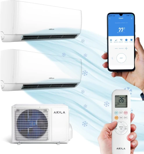 OBAMI - Climatiseur réversible fixe - Bi-split - 6200W - 21000BTU - 40m2 + 30m2 - Gaz R32-4D Airflow - Golden Fin - Wifi
