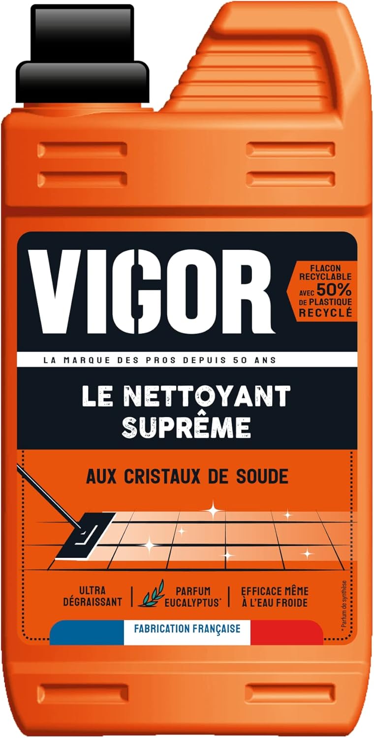 Vigor - Nettoyant Suprême - Nettoyant Sol aux Cristaux de Soude - Ultra-Dégraissant - Parfum Eucalyptus - Fabrication Française - 1L