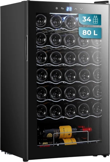 Cave à vin 34 bouteilles Bolero grandsommelier 34030 black compressor, 80 L, Refroidissement par compresseur, Température réglable de 5 à 18°C, Commande tactile, Affichage, LED intérieur.