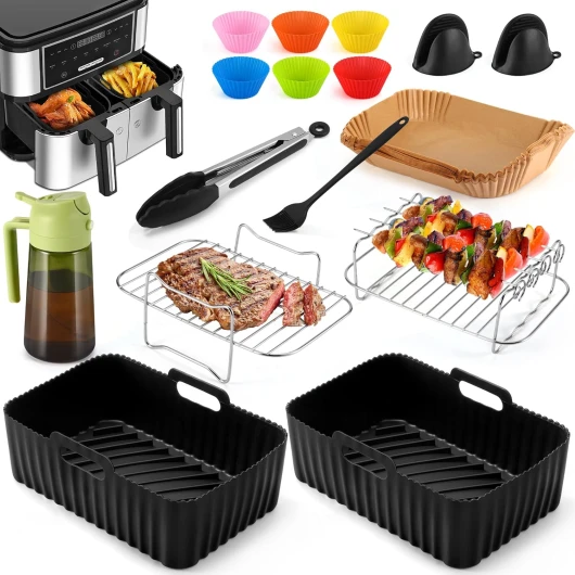 11PCS Accessoires Air Fryer, compatible avec Ninja, COSORI, Cookwise et autres friteuses à air 8,5L-9,5L à double zone, inclut moules en silicone, grilles, pulvérisateur d'huile, gants, pinces, etc