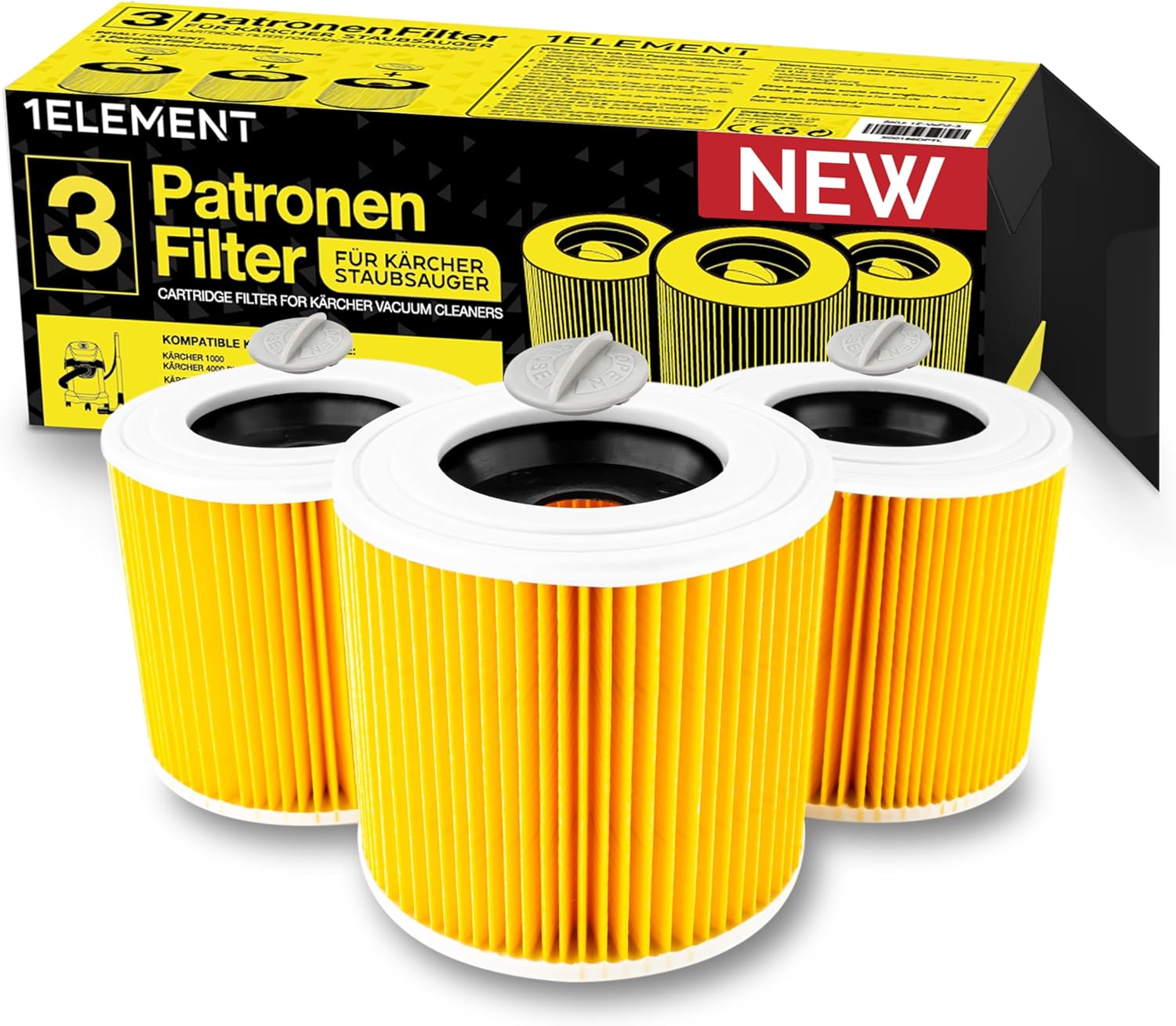 Lot de 3 filtres ronds pour aspirateur Karcher [WD3, WD2, WD1, MV3, MV2, A, K, KNT, NT, SE, VC] + 3 vis de fermeture pour personnes allergiques contre les poussières fines/odeurs [WD 3 2 1