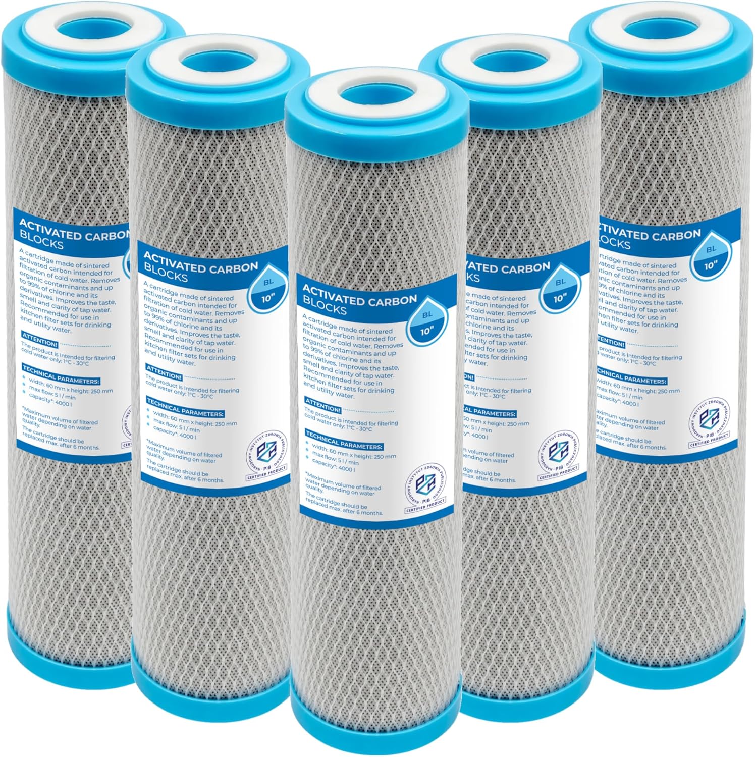 Cartouche Filtre Eau à Bloc de Charbon Actif – 10 Pouces – 5 Pièces – Retire le Chlore, Améliore le Goût et l'Odeur – Durée de Vie Maximale de 6 Mois