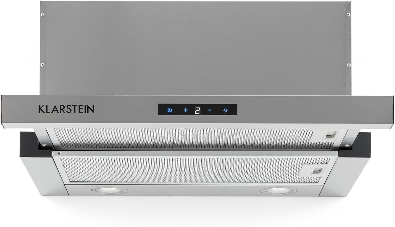 Vinea - Hotte tiroir, Hotte casquette, Extra plate, Extractible, 610 m3/h, Eclairage halogène, Fonction extraction, 2 filtres à graisses, Matériel de montage fourni - Argent