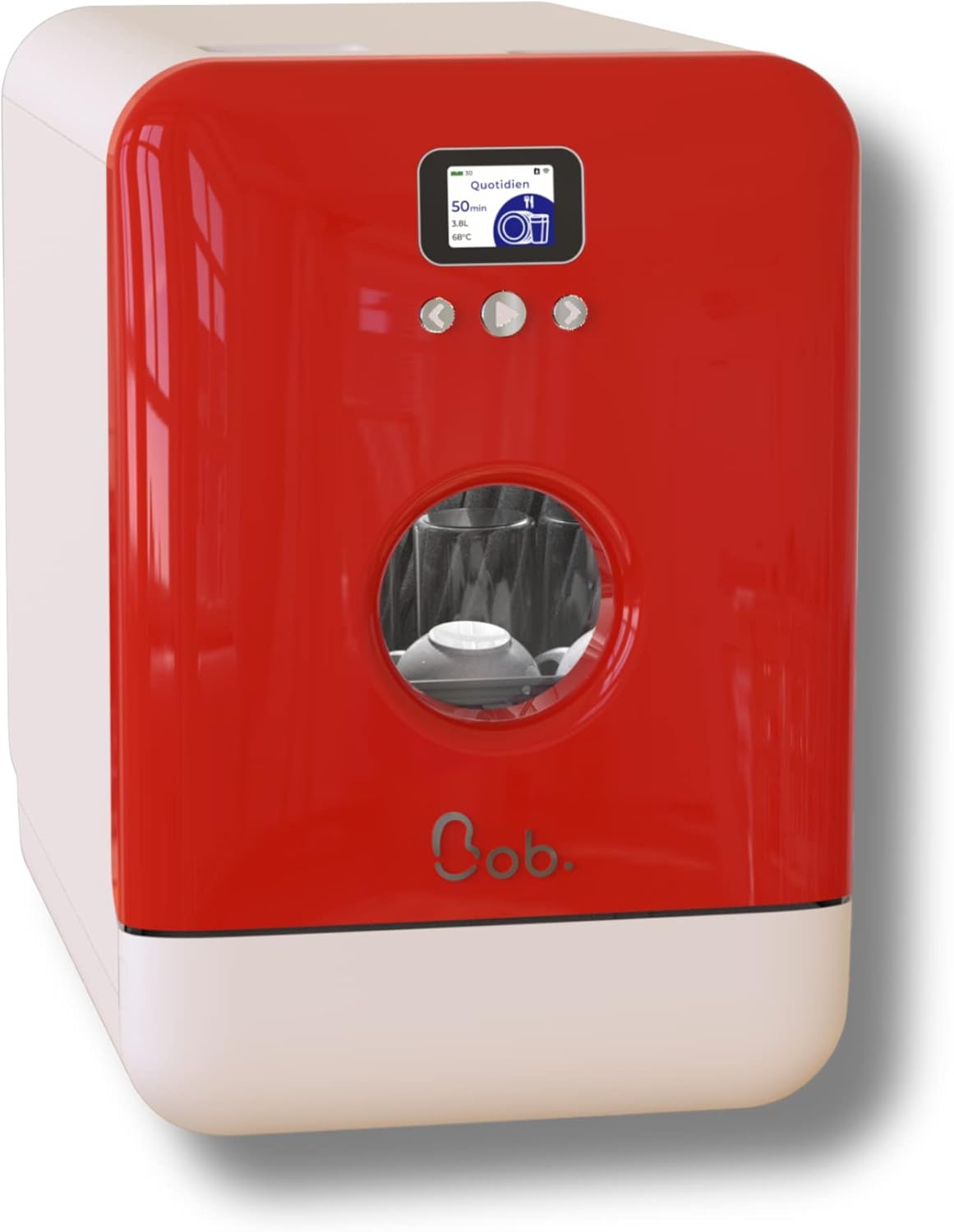 Bob - Lave-vaisselle Compact 3 Couverts Encastrable - Pose Libre, Avec Réservoir, Portable - Séchage Naturel - Assiette 29 cm - Label Origine France Garantie, Eco-Conçu (Blanc-Rouge)
