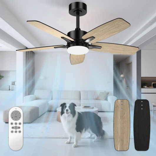 Ventilateur Plafond avec Lumiere et Telecommande, 106cm Dimmable Lampe Ventilateur Plafond LED avec 5 Pales Double-Face Bois/Noir pour Chambre, Salon, Minuterie