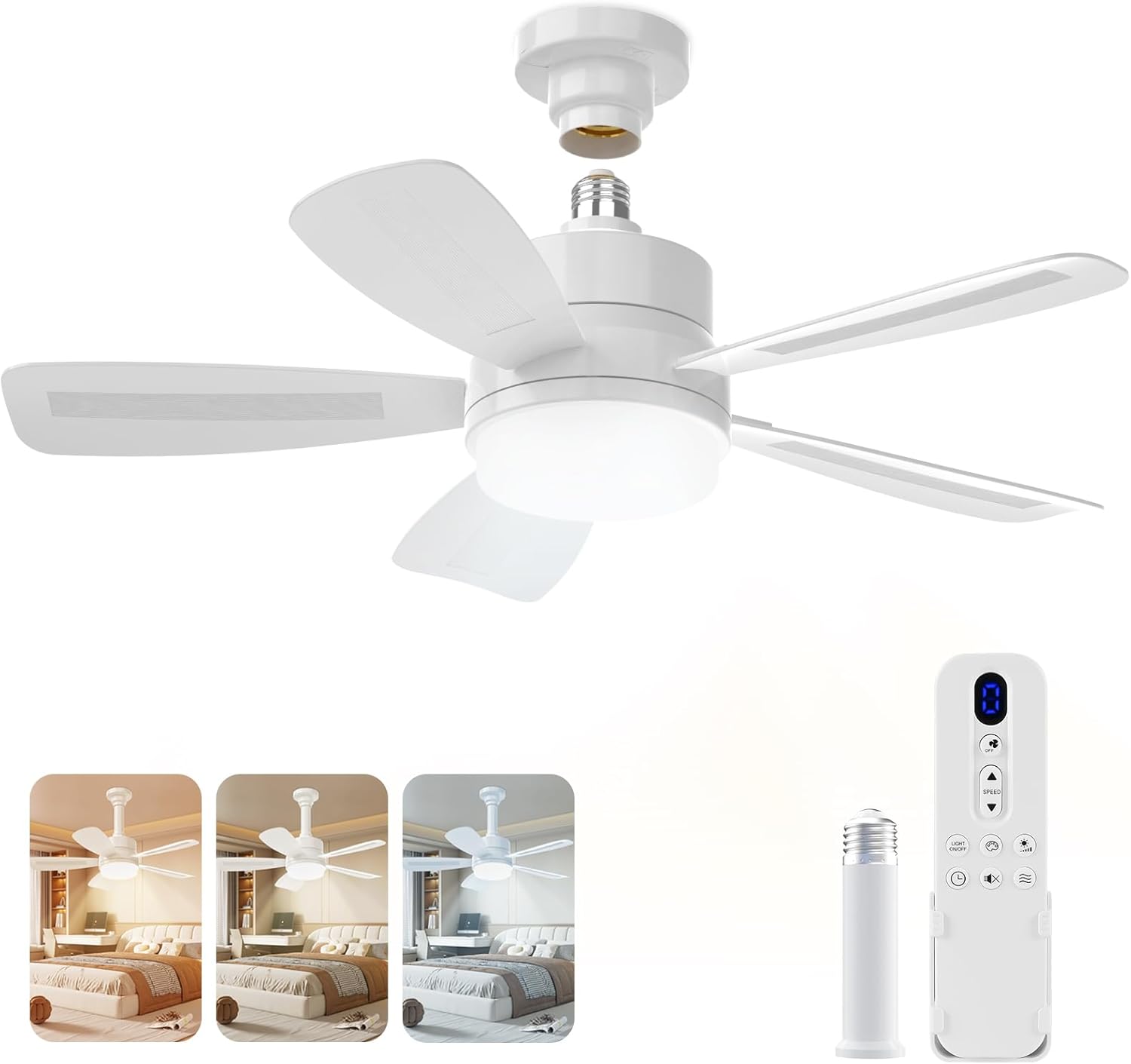 Ventilateur Plafond Avec Lumiere Et Télécommande, 2000 Lumens Lustre Ventilateur De Plafond LED 3 Couleurs Dimmables, Douille E27 Lampe Ventilateur Plafond Silencieux Pour Chambre 15-20 m²