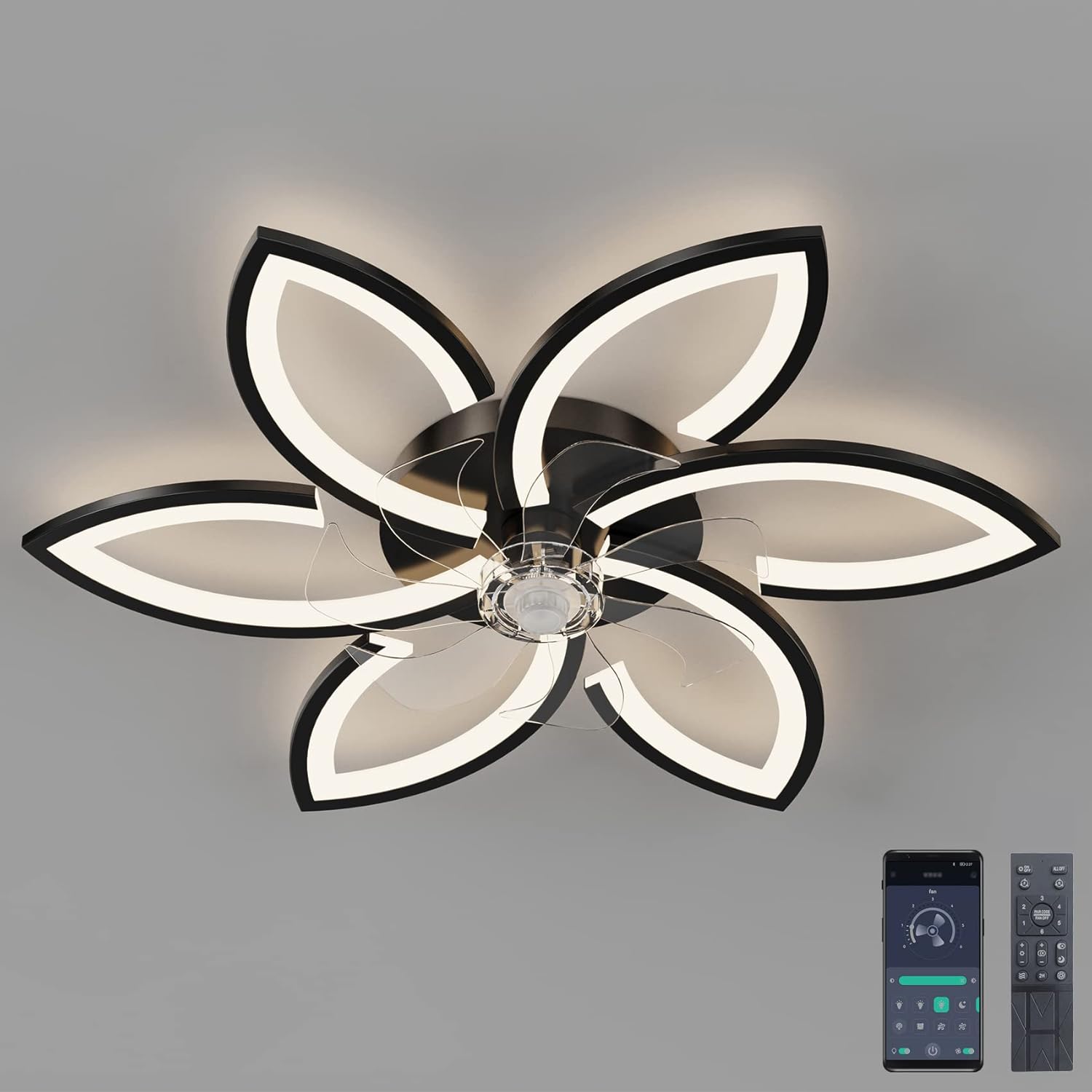 DIDADIDA Ventilateur de Plafond silencieux avec Lumière avec télécommande et éclairage APP Dimmable Couleur Luminosité 70W Créatif Acrylique Forme de Fleur Plafonnier avec Ventilateur (Noir)