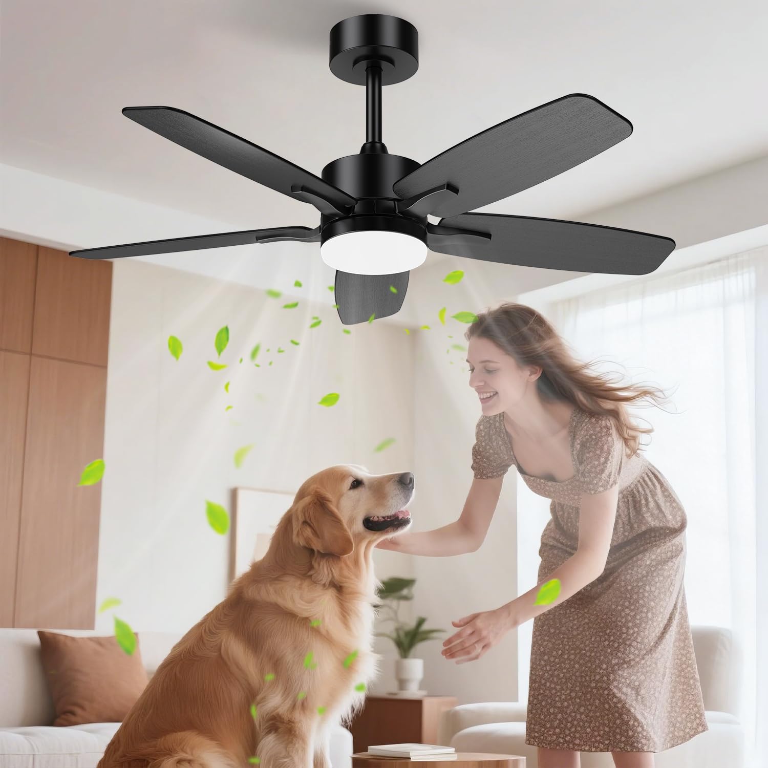 106cm Ventilateur Plafond avec Lumiere Double Face Pale, Silencieux Ventilateur de Plafond avec Telecommande et Réversible DC Moteur, LED Lampe Ventilateur Plafond pour Chambre Salon Cuisine Montage Tige-noir/Bois