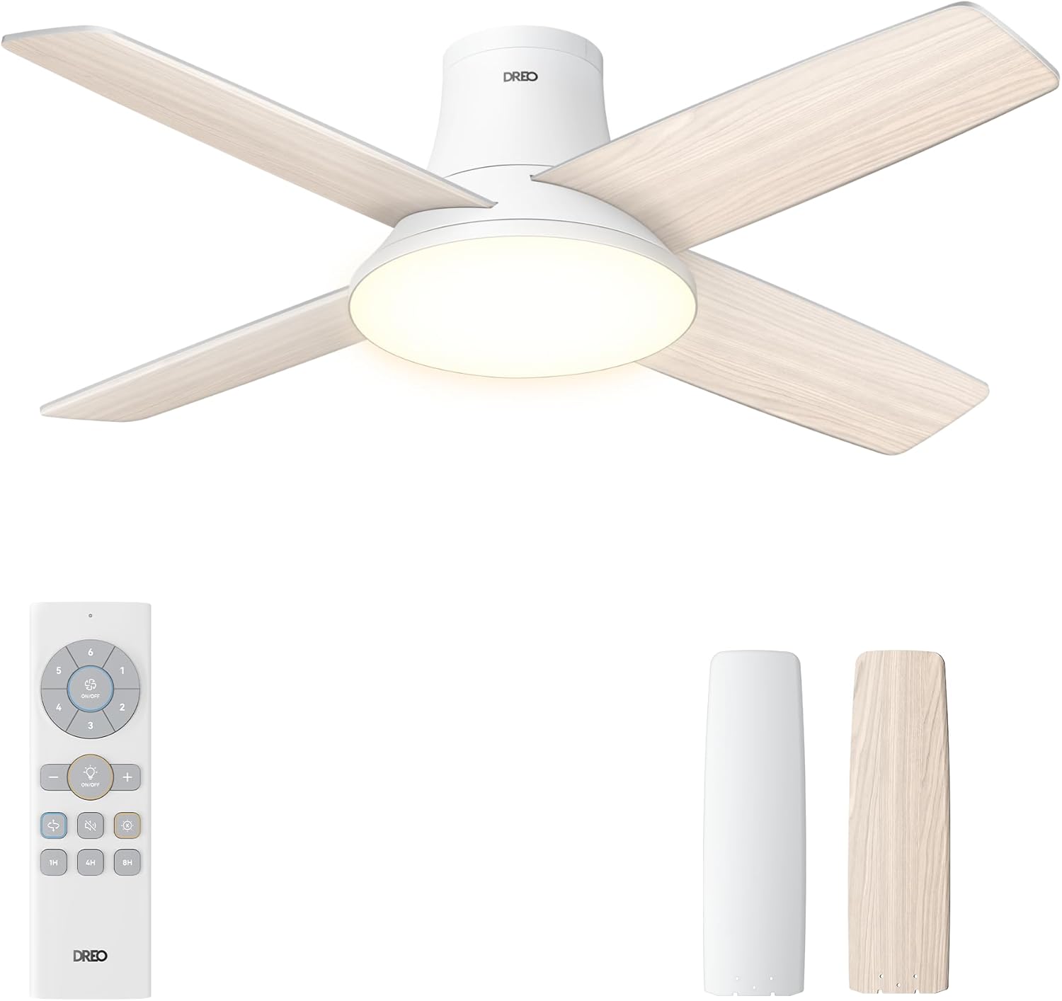 Ventilateur de plafond silencieux avec lumière LED, 112 cm, réversible, 5CCT, 6 vitesses, facile à installer, minuterie, montage en surface,telecommande Blanc
