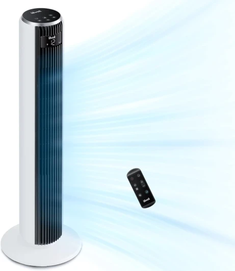 20dB Ventilateur Colonne Silencieux, 7.9m/s DC Moteur, 26W, Oscillant 90° avec 12 Vitesses, Minuterie 12h, 4 Modes, Affichage LED de Refroidissementavec Télécommande