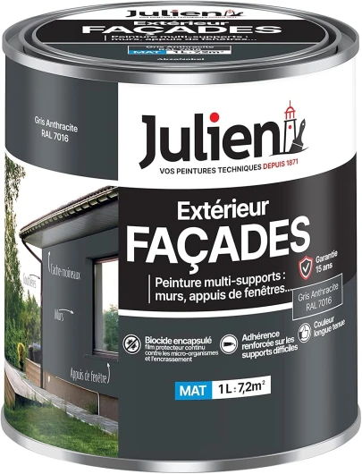 Peinture pour Façades Multi-Supports en phase Aqueuse - Murs extérieurs, appuis de fenêtres, soubassement, gouttières - Anthracite 1 L Anthracite 1 l (Lot de 1)