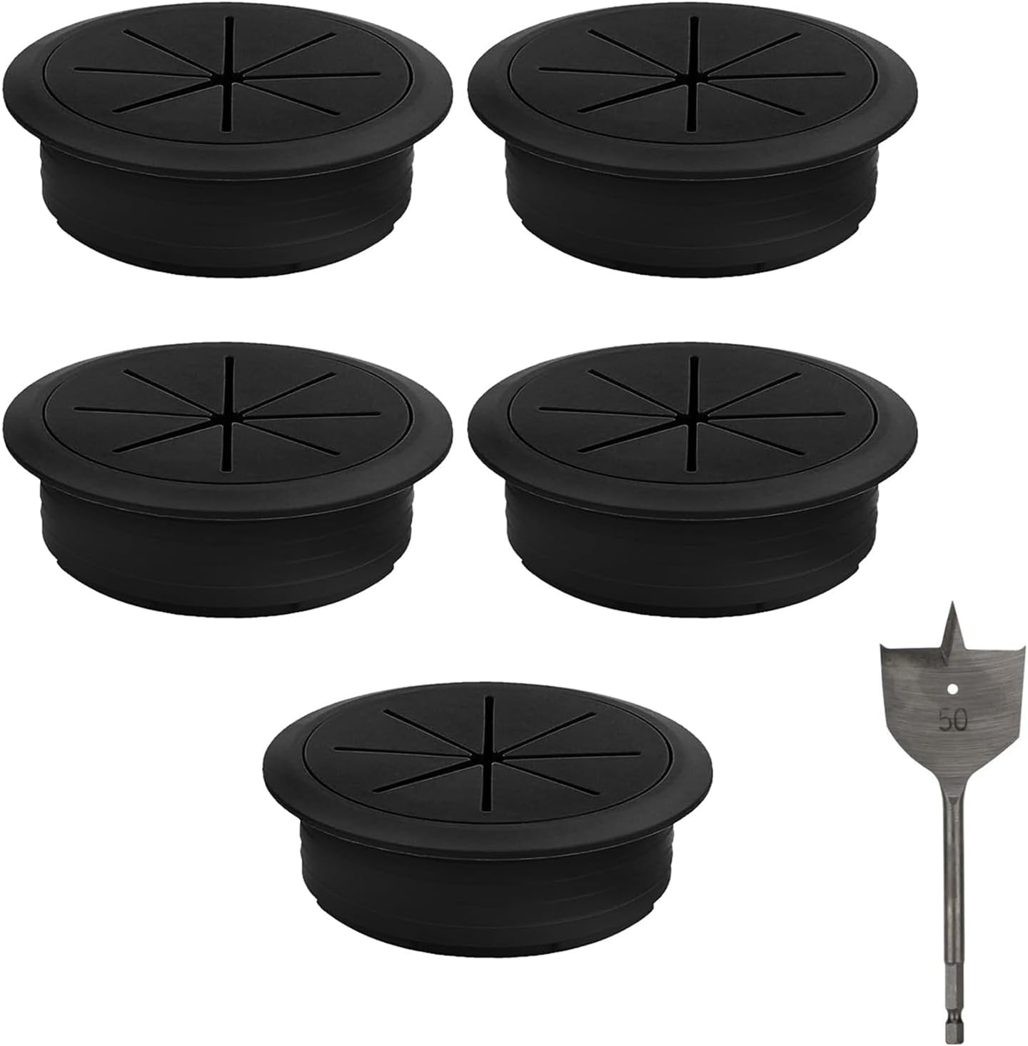 Getyjoe 5 Pièces Passe Cable Bureau 50 mm Cache Fil Bureau Rond avec Forets à Bêcher, Passe Fil Bureau en Plastique Passe-Câbles de Table pour Plans de Travail (Noir)