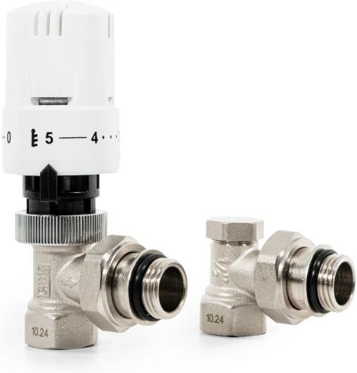 Robinet Thermostatique Radiateur et Coude de Réglage en équerre G1/2 (15×21) - Raccord étanche avec Joint 15/21 - Kit Thermostatique Radiateur Blanc - Protection Anti-Gel, Norme EN215 Raccord étanche avec Joint 15/21 Blanc+nickelé