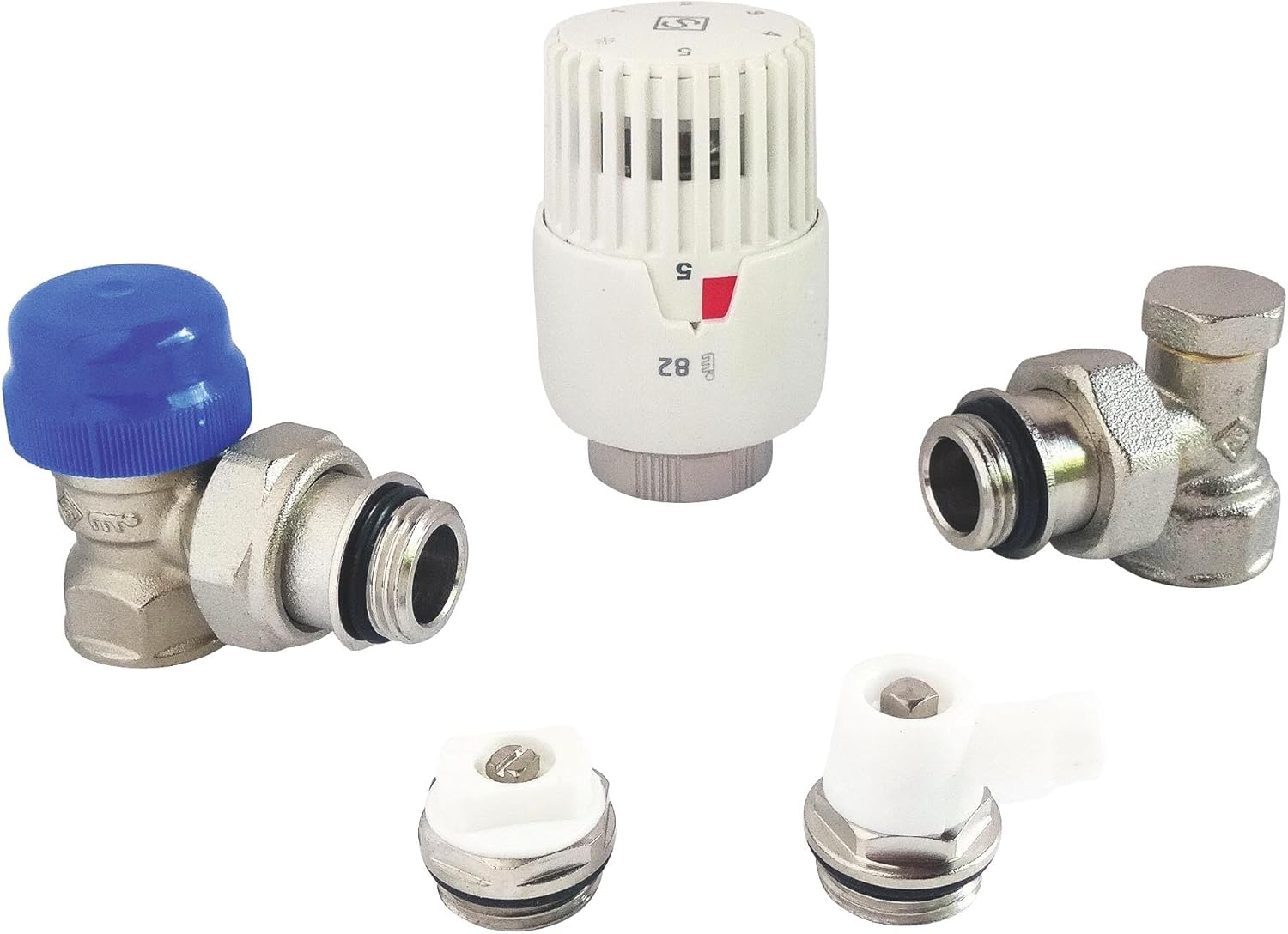 , Kit Complet avec tête thermostatique à Dilatation de Liquide pour radiateurs 15/21, incluant Corps équerre, coude de réglage, purgeur d'air et Robinet KIT7250