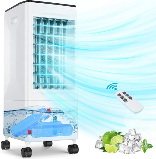 Climatiseur Portable, 3 en 1 Refroidisseur d'Air par Évaporation, Oscillation, Minuterie 1-7H, 3 Vitesses Télécommande, 3 Boîte à Glace, 5,5 L Réservoir d'eau & Roulettes, 60W Climatiseur Mobile