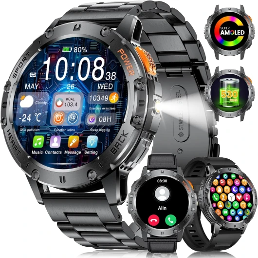 Montre Connectée Homme avec 3 Bracelets 530mAh 5ATM Étanche,1.43" Montre Tactile Connecté Militaire avec Torche LED Moniteur Fréquence Cardiaque Podomètre Fitness Tracker Smartwatch iOS Android EF5-L