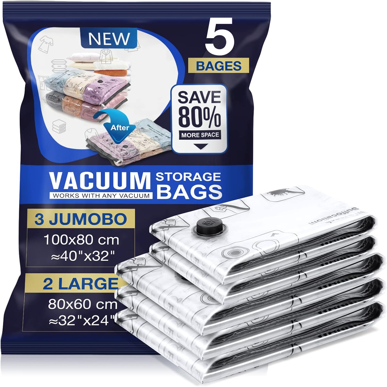 Sac Sous Vide Vetement Aspirateur 5 Pièces 3XL 100X80cm 2L 80x60cm Housse de Rangement Réutilisable Couette Stockez Vêtements la Literie et les Bagages 5 pièces-XL