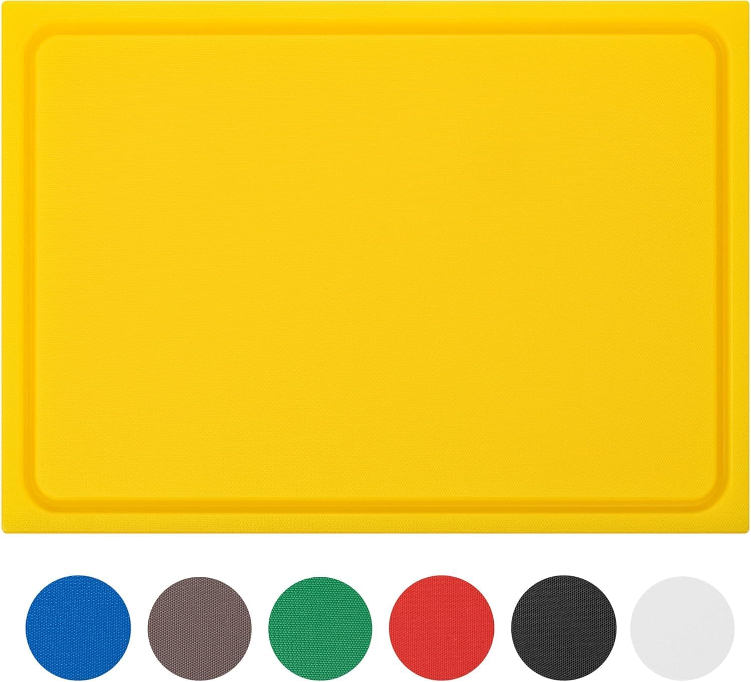 MUVELL Planche à découper en plastique PE-HD Blanc, 45x30x2 cm, passe au lave-vaisselle, extra épaisse, n'abîme pas les couteaux bac à jus (Jaune, 45x30x2 cm) 45L x 30l cm Jaune