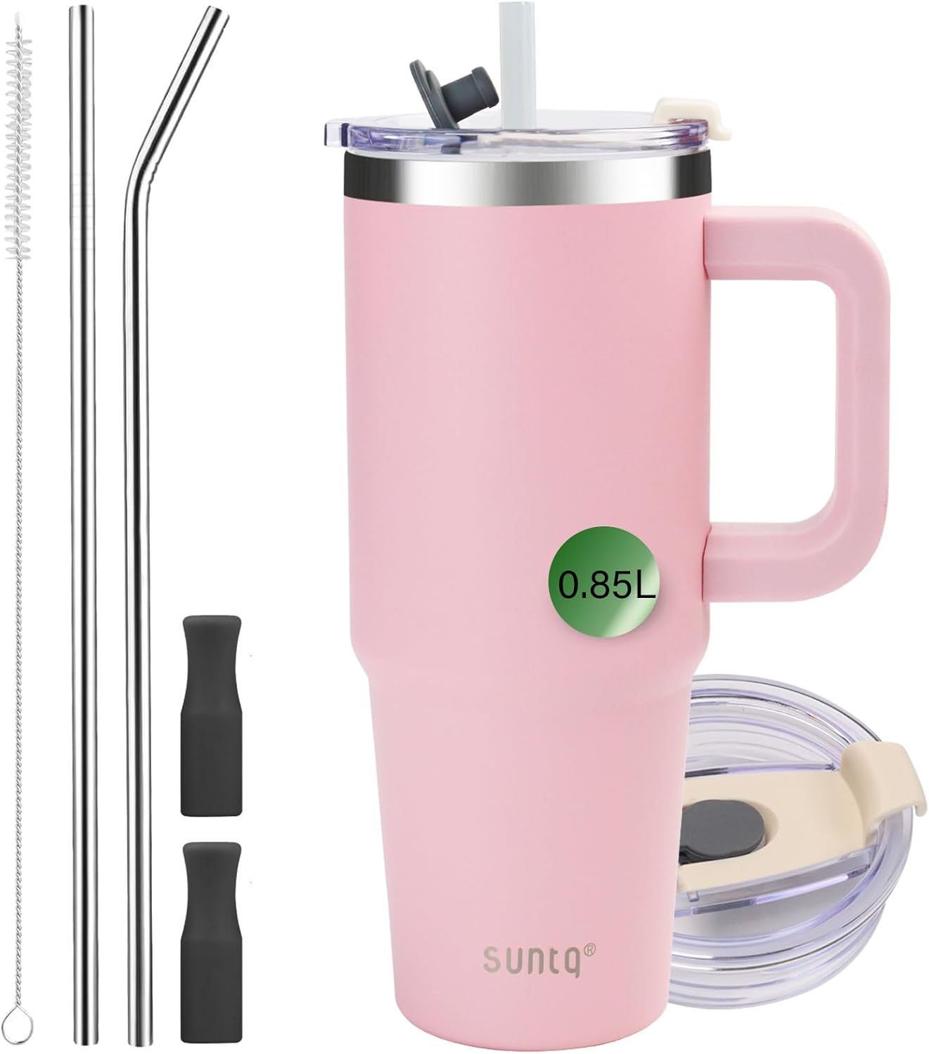 SUNTQ 30oz Mug Isotherme avec Paille et Poigné - Gobelet Paille de Bureau et Voiture en Acier inoxydable, Élégant et Durable - Gobelet Isotherme pour les boissons chaudes et froides(Rose) 30oz-rose 30oz