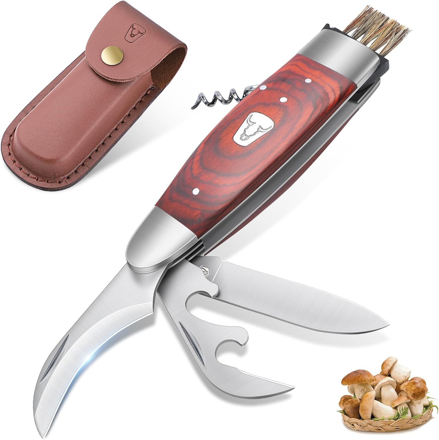 Couteau à Champignons avec brosse Couteau de Poche pliant avec étui en cuir,Couteau Champignon Couteau de haute qualité (5 Fonctions,lame fixe, Grand Lame,ouvre-boîte,tire-bouchon) red