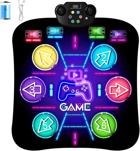 CXWLMAT Tapis de Danse pour Enfants avec Batterie Rechargeable 1200mAh, 6 Flèches Lumineux LED & Bluetooth, Tapis de Jeu Danse Musical Electronique pour Filles et Garçons, Jeu Intérieur/Extérieur Multicolore