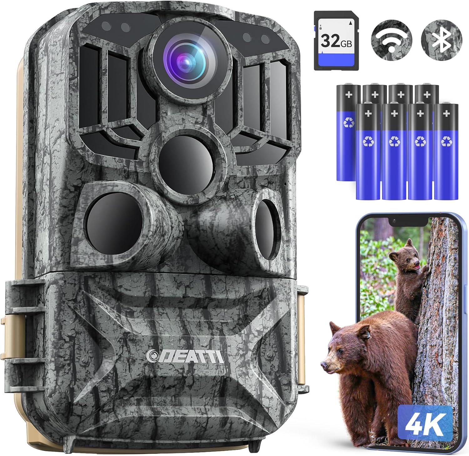 Camera de Chasse Connectée Telephone, 4K 48MP HD Camera Chasse, WiFi Camera Infrarouge Vision Nocturne Animaux Caméra Piege Photographique, 120°/IP66, Carte 32GB et Piles 8X Incluses T4