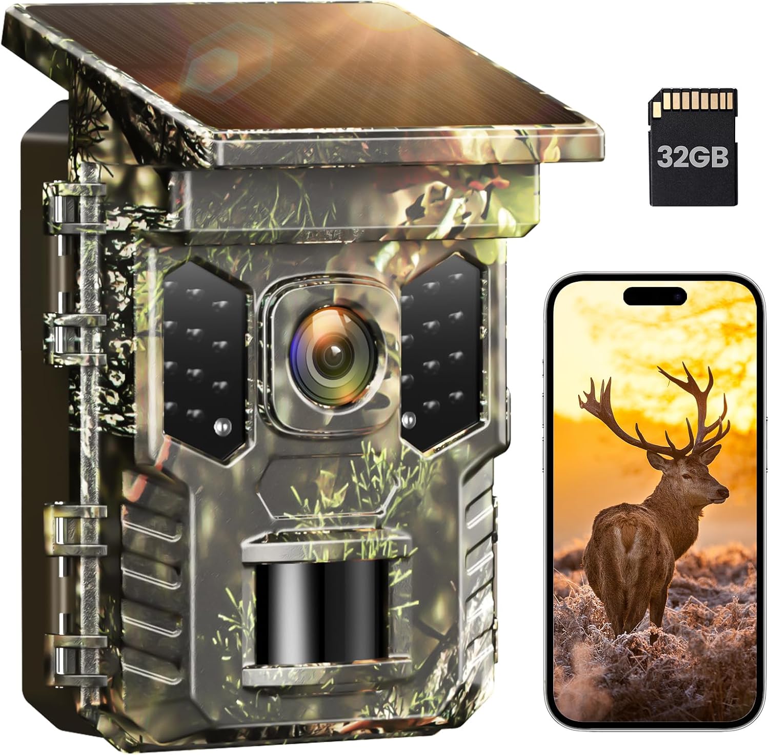 Camera de Chasse Connectée Telephone Solaire 2,7K 32MP avec 32GB SD, Camera Infrarouge Vision Nocturne Animaux Caméra Piege Photographique Étanche IP66,Camera Suiveuse Exterieur Vert