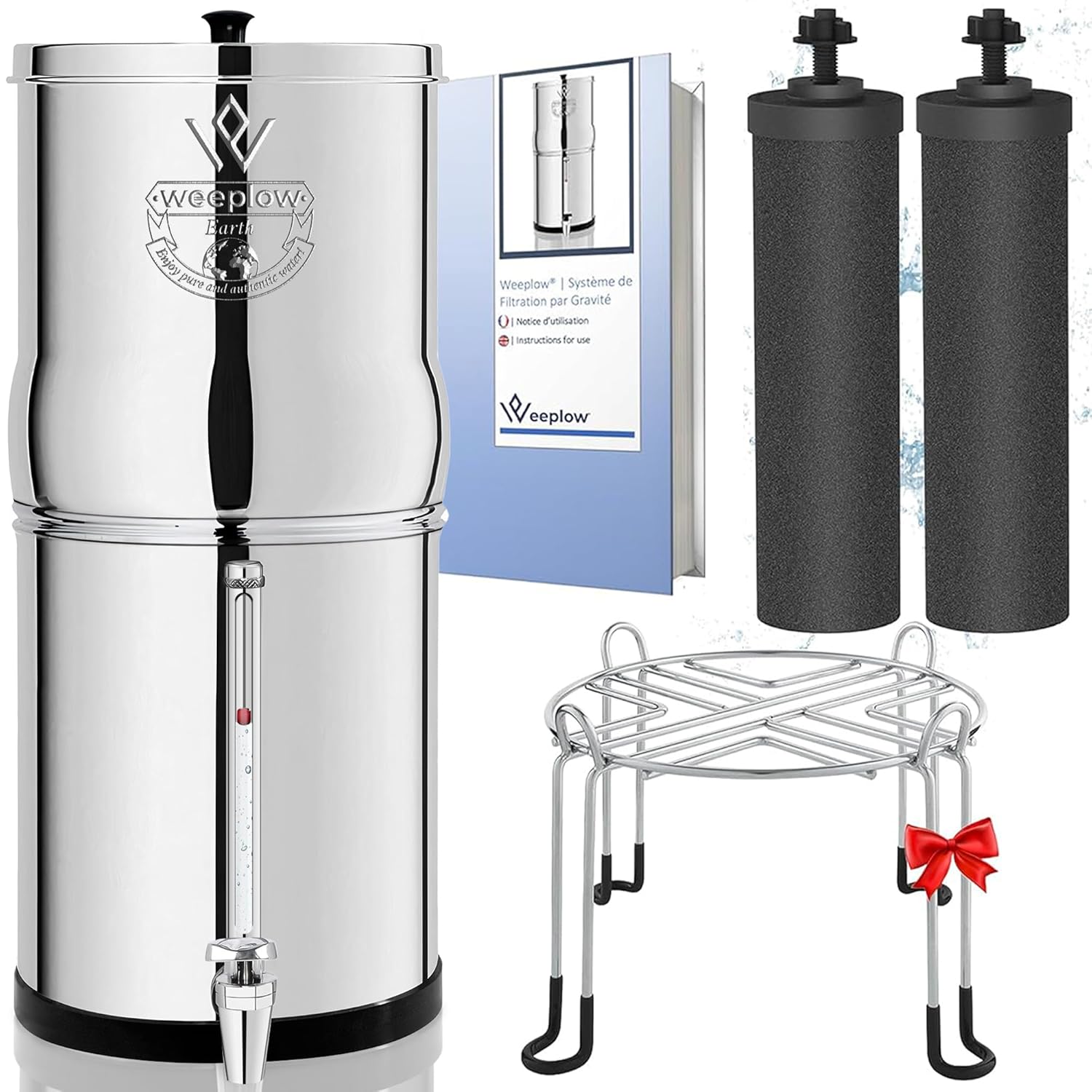 Weeplow® Earth - Système de Filtration d'Eau par Gravité 8,5 Litres AISI 304 avec 2 Eléments de Purification O'Pure 2, Robinet avec Niveau d'Eau et Support Inox Offert 8,5L Inox