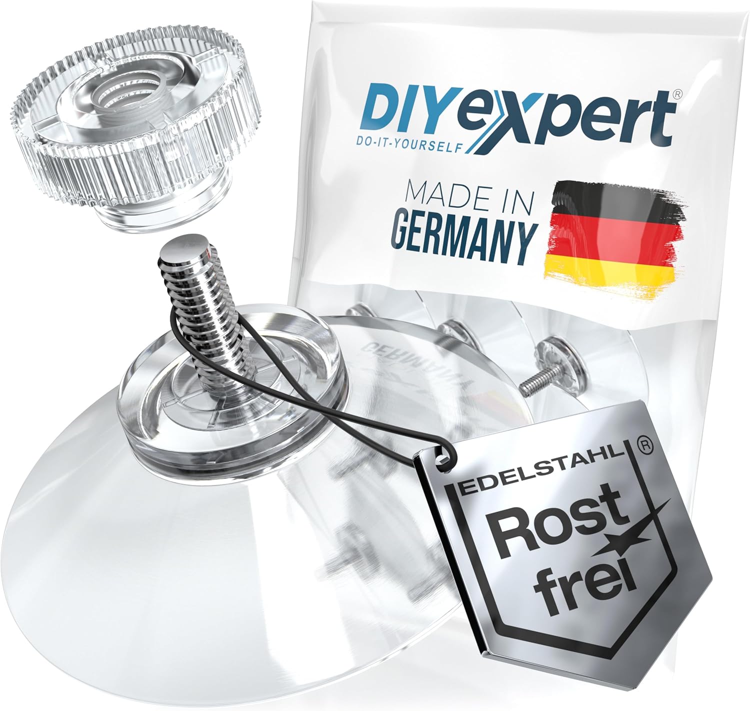 DIYexpert® 4 x ventouses Ø 50 mm avec filetage M4x10mm avec écrous moletés transparent - Fabriqué en Allemagne Ø50mm/M4x10mm 4 pièces