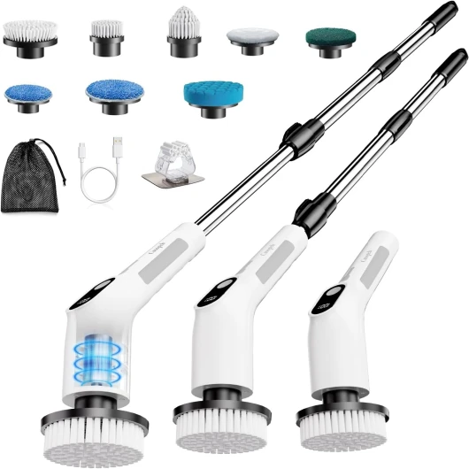 Cusopeh Brosse Nettoyage Electrique 8 en 1, Brosse Rotative Nettoyage Rechargeable, Brosse Nettoyage Salle de Bainavec Manche Réglable, 2 Vitesses réglables,Pour Salle de Bain, Cuisine et Voiture,Blan