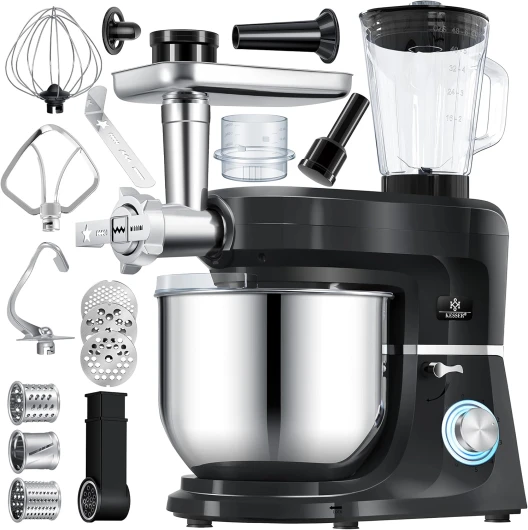 KESSER® Robot ménager universel 3 en 1 K-KM 3 000 avec hachoir à viande, pétrin - Mélangeur multifonction - Extracteur de jus de 1,5 L, Kit pour saucisses, moules pour pâtes et biscuits, noir