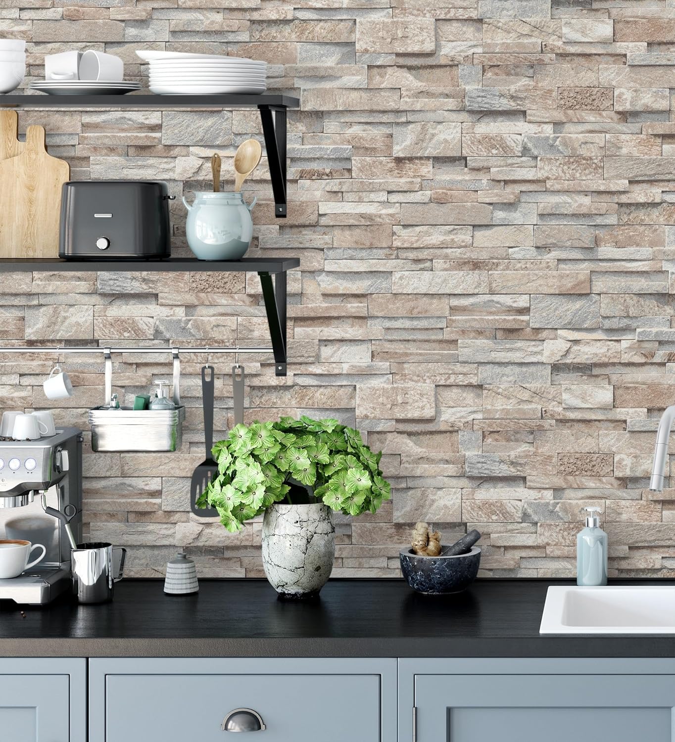 127671 Papier Peint Vinyle lessivable Imitation Mur de Pierre d'ardoise texturé en Relief pour Mur Salon Cuisine Bain Couloir Salle à Mange - Rouleaux de 10 m x 0,53 m Rouleaux de 10 m x 0,53 m 127671