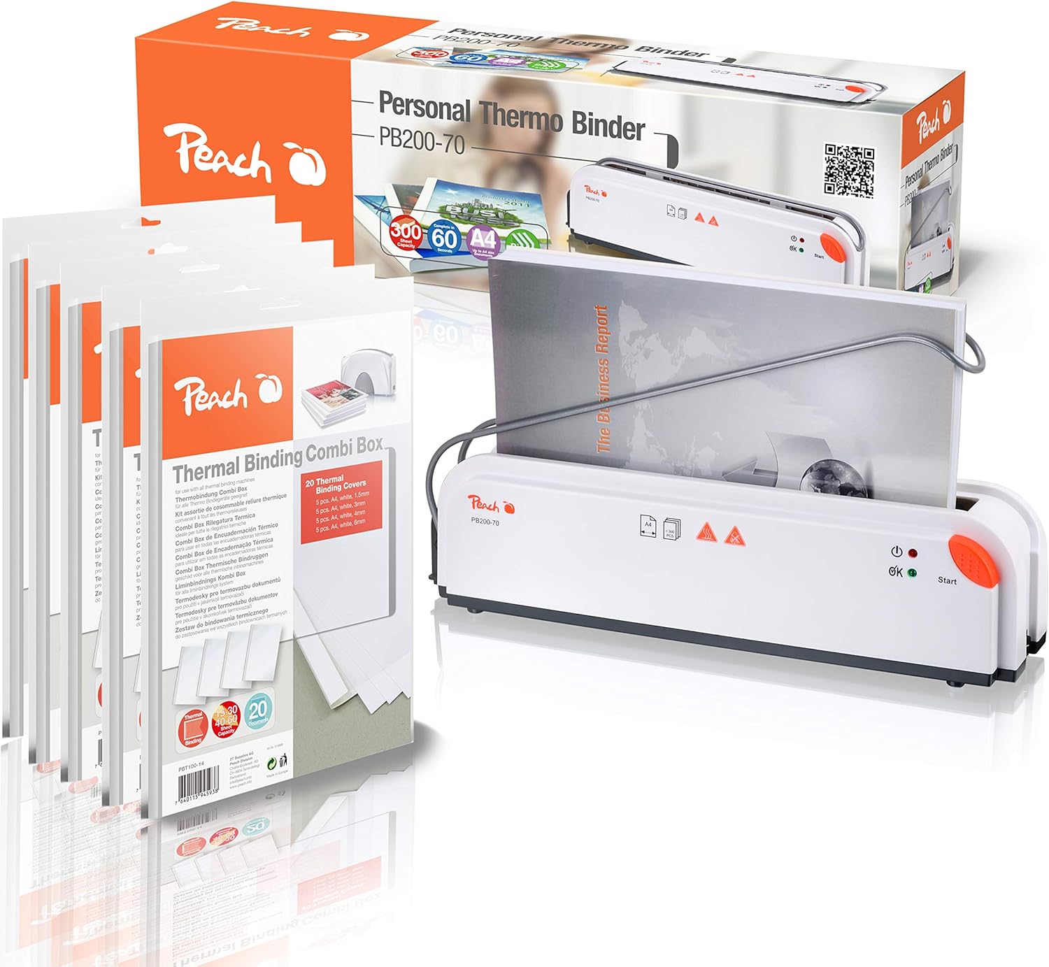 Peach PB200-70P DIN A4 Relieuse Thermique - Vainqueur du Test - Démarrage Rapide - Temps de Reliure de 1 min - avec 5 x PBT100-14 - 5 x 20 Chemises à Reliure Thermique Différentes